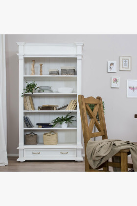 Provence-i tömör fenyőfa bordó könyvespolc nappaliba